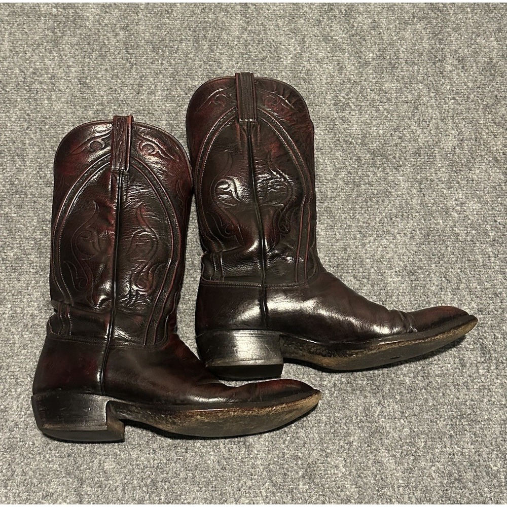 VTG Lucchese Mens 9D Black Cherry Boots French Toe Goat Skin Leather 80s